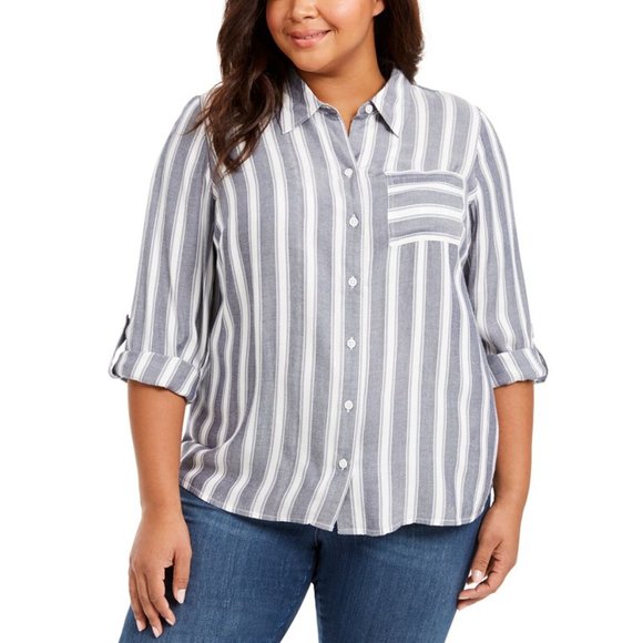 Style & Co Womens Shirt Top Plus 0X Blue Striped Button-Up Long Sleeve Rayon - Picture 1 of 7